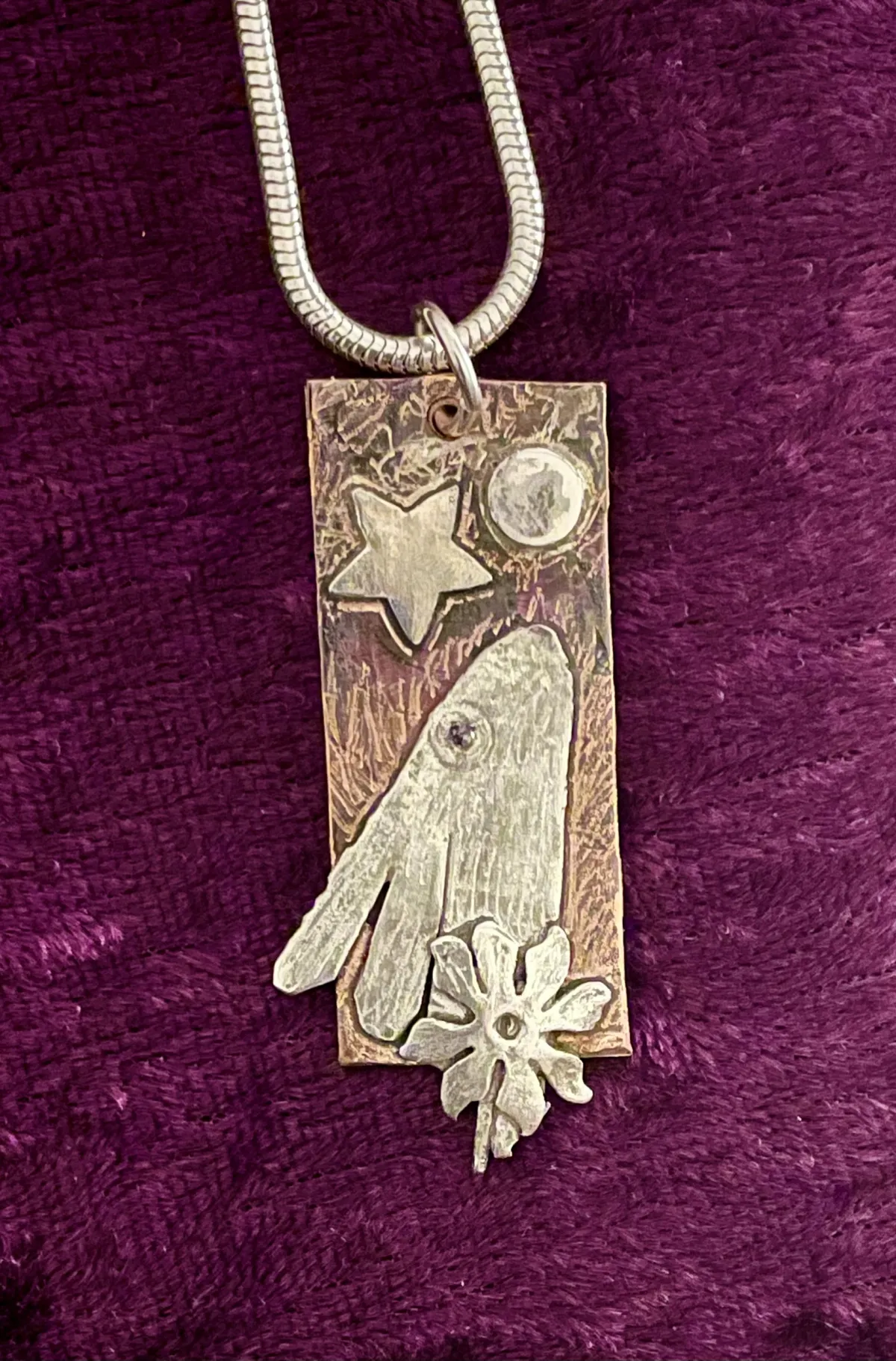 Silver moon gazing hare on copper