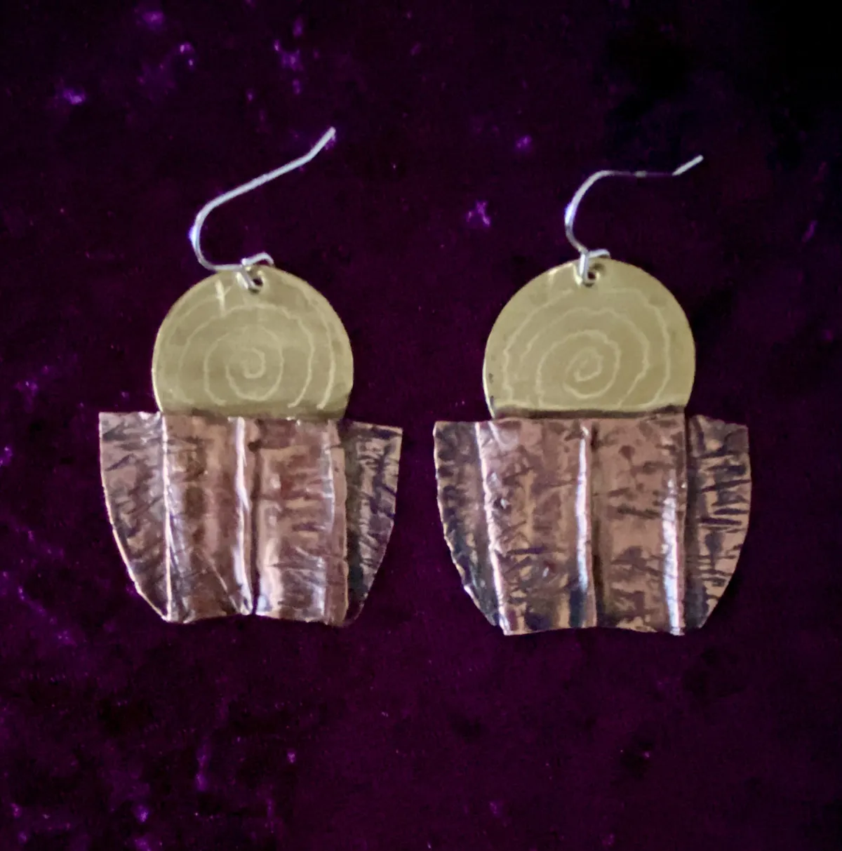 Textured copper and brass earrings