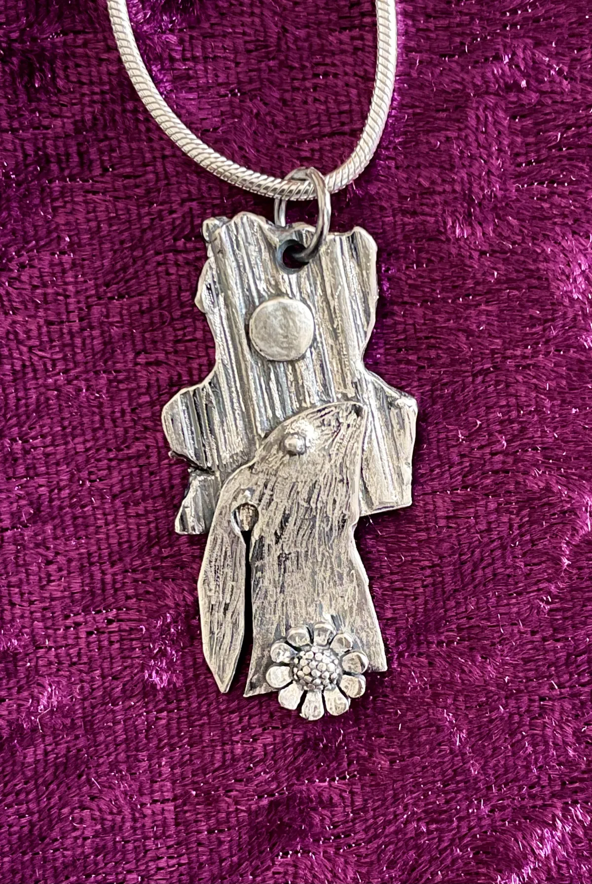 Silver moon gazing hare pendant