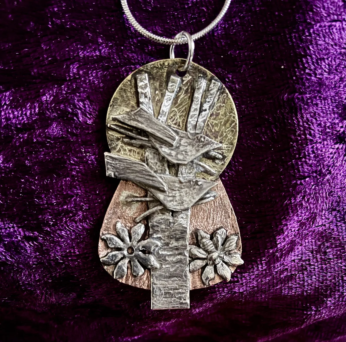 Birds on a post mixed metals pendant